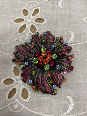 Vintage AB Rhinestone Flower Brooch Multicolor Aurora Borealis Spray READ